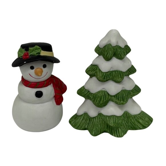 VTG Homco Christmas Snowman & Pine Tree Ceramic Figurine Set 2.5" Holiday Decor - Picture 1 of 7